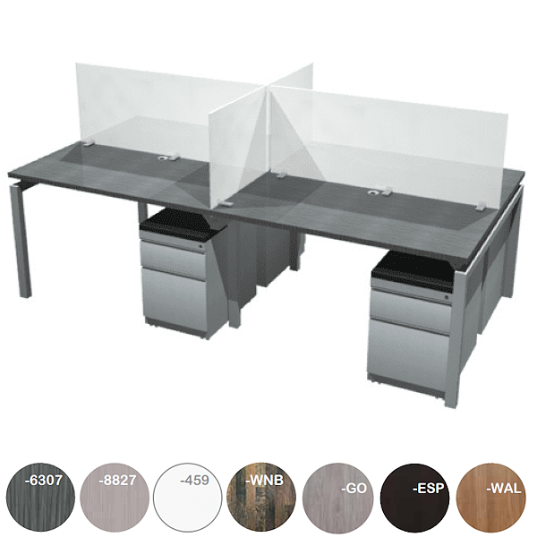 4-Person Modular Desks with Frosted Glass Privacy Dividers