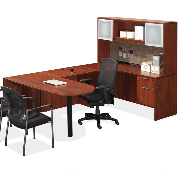 Bullet U-Desk with 90° Desk and Curved Credenza + Glass Door Storage Hutch - RH