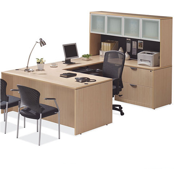 Executive U-Desk with Frosted Glass 4-Door Hutch - Maple