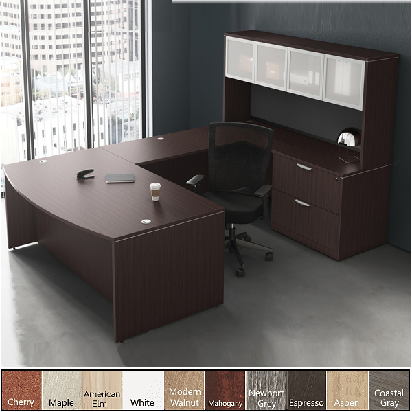 90° Bow Top U-Desk with Frosted Glass Door Hutch
