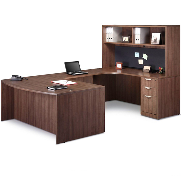 Bow Front U Desk and Open Hutch - Modern Walnut