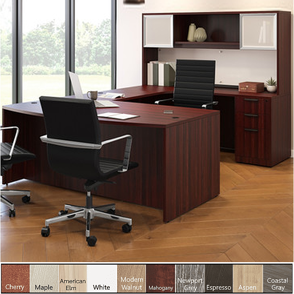 PL 90° U-Desk with 90° Credenza + Frosted Glass Door Hutch - Mahogany