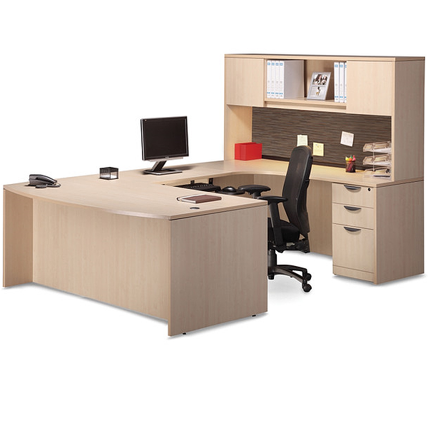 Bow Front 90° U-Desk with Interior Curved Credenza and 2-Door Hutch