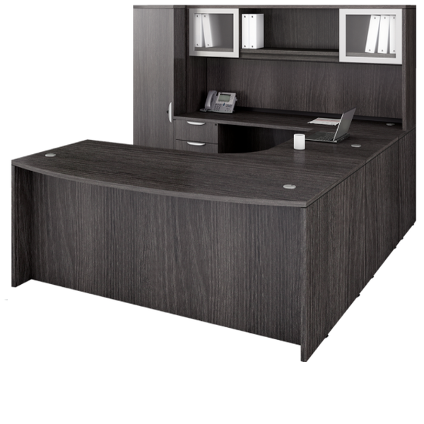 Bow front u desk with curved interior and glass door hutch - storage tower