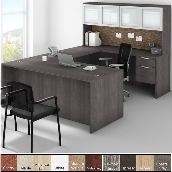 U-Desk with Frosted Glass Door Hutch