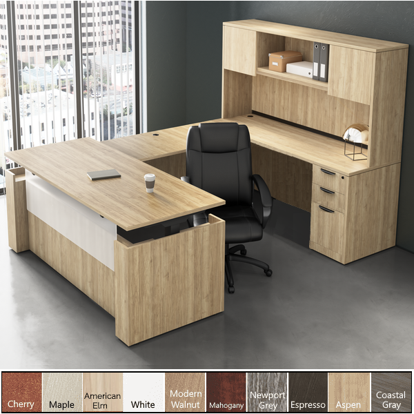 Height adjustable powered u-shaped desk and hutch - aspen