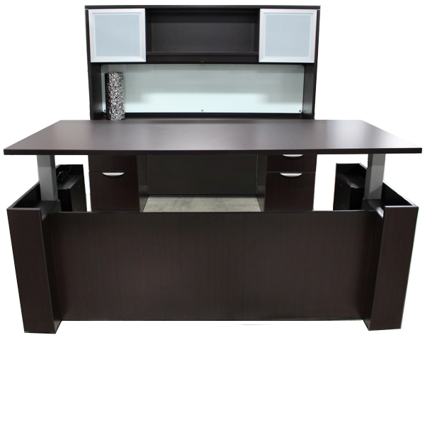 Height Adjustable Casing Desk with Glass Door Hutch and Credenza