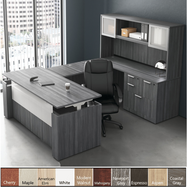 Height Adjustable Casing U-Desk with Frosted Glass Door Hutch - Coastal Gray