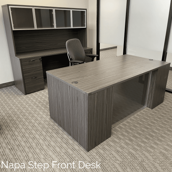 Napa Step Front Executive Desk Credenza and Glass Hutch