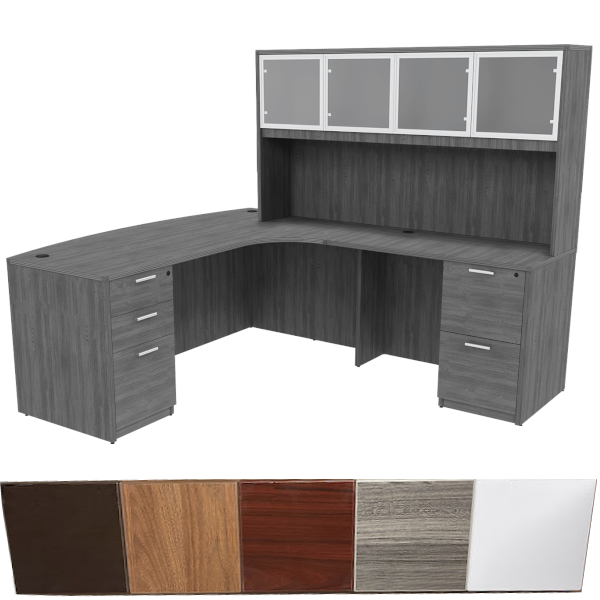 Bow Front L-Desk with 4 Glass Door Storage Hutch