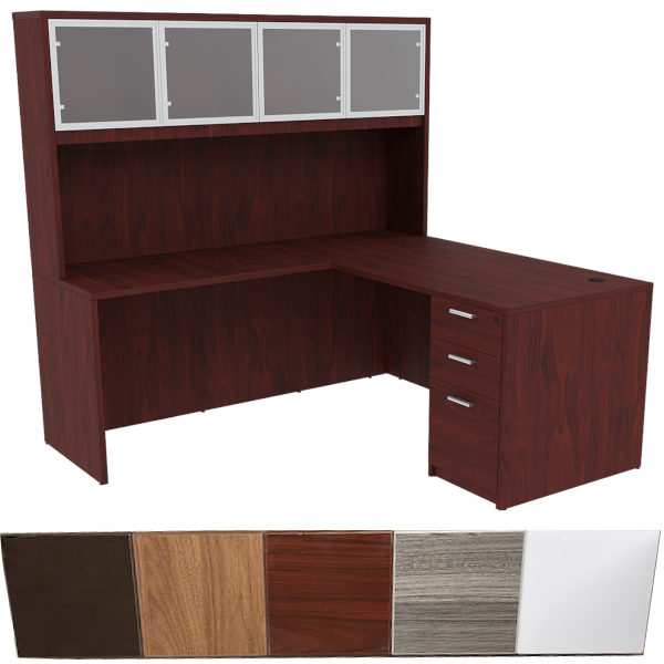 L-Shaped Desk with 4 Glass Door Hutch