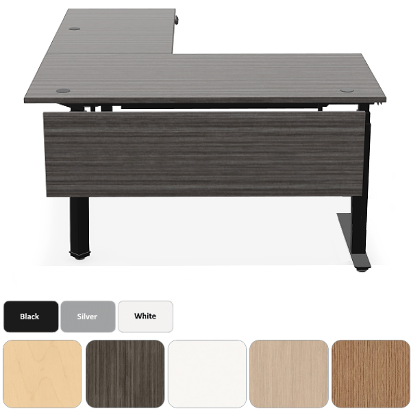 height adjustable L-desk with front laminate modesty panel