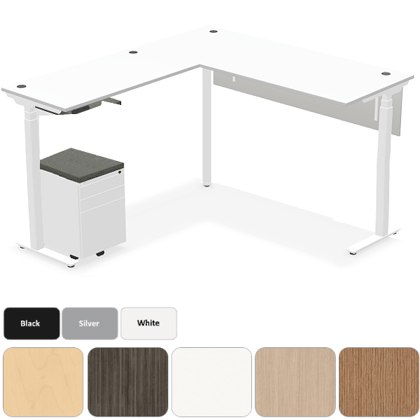 white sit to stand L-desk with mobile storage and modesty