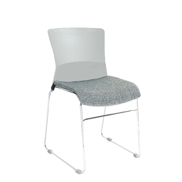 chrome sled base stack chair with gray seat cushion and light gray plastic