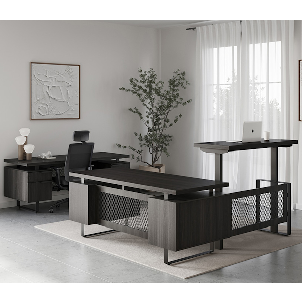 industrial height adjustable l-desk and credenza set