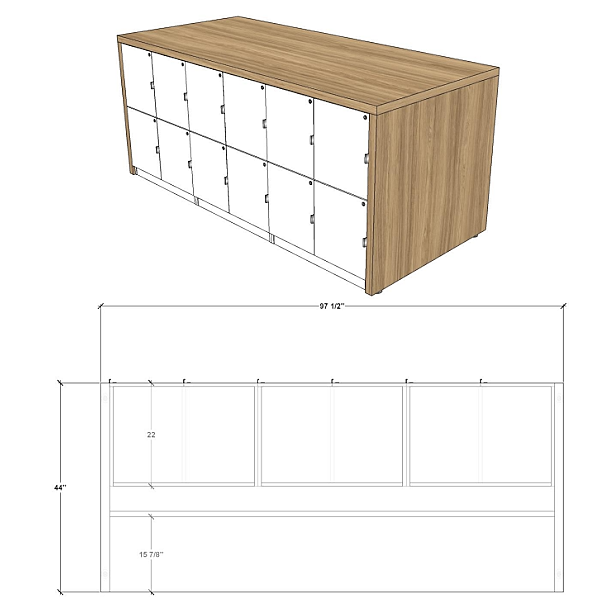 DESKMAKERS TYPICAL T-1668 - AVALON Grade 2 Bar Height Open Parsons Table with 12 Lockers - 2D 3D locker bank