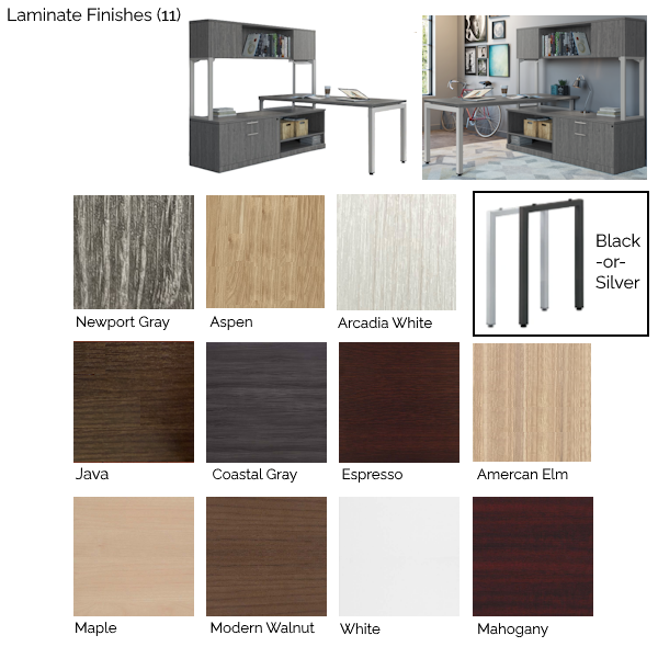 Steel Drop Down Unite Leg Desk + Steel Post Hutch - Finishes steel leg desk finishes