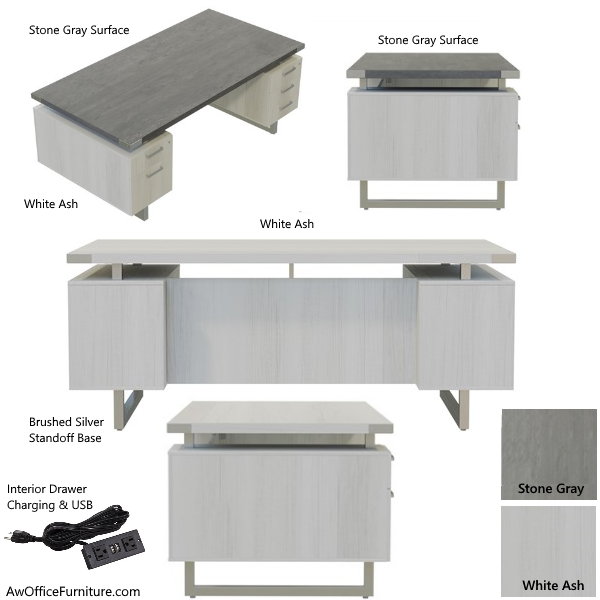 Mirella Executive Desk - White Ash & Stone Gray Finishes Mirella Desk