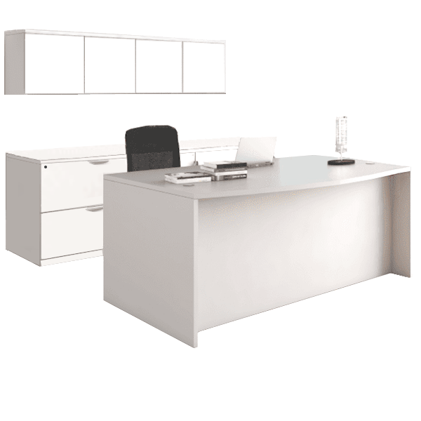 Double Pedestal Bow Desk Credenza + Wall Hutch - White desk credenza with wall hutch