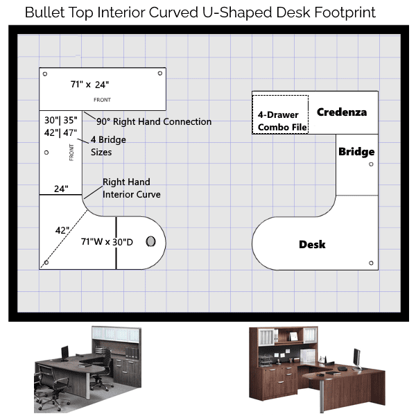 Interior Curved Bullet U-Desk - Combo File - 2D bullet u desk with extension