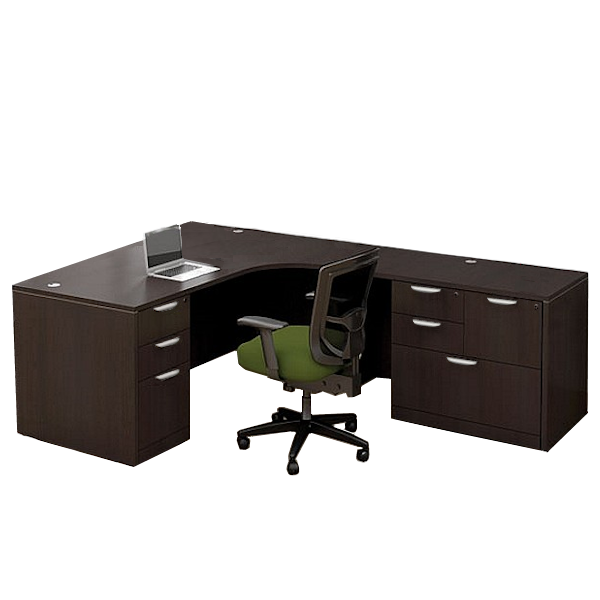 L-Desk - Crescent Drawer Pulls - RH Interior Curved L-Shaped Desk with Combo File