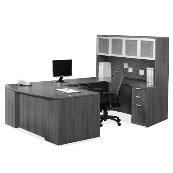 bow front u desk with frosted glass door hutch