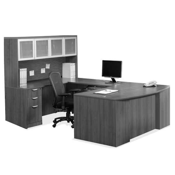 bow front u desk with frosted glass door hutch