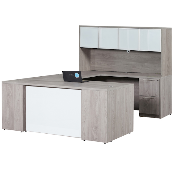 step front u-desk with glass panel and hutch