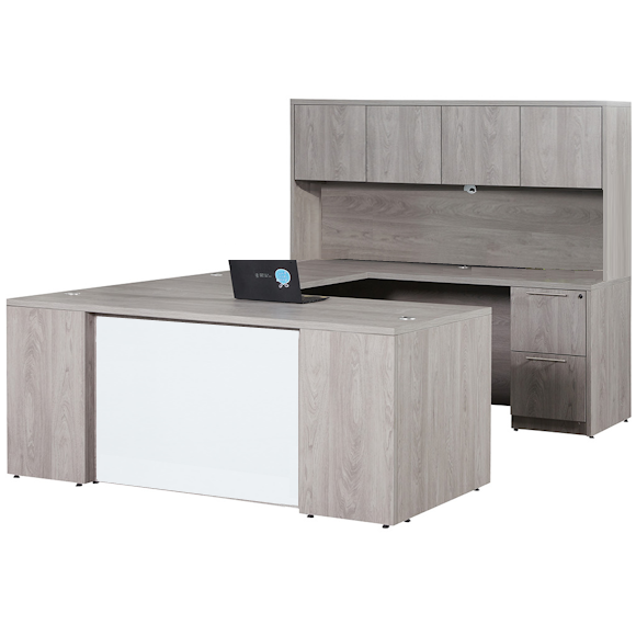step front u-desk with glass panel and hutch