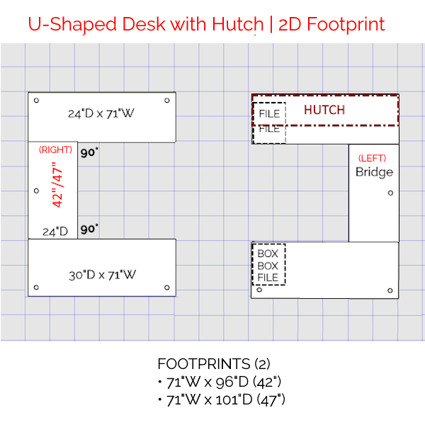 2d U-Desk - 2-door Hutch footprint 2d footprint
