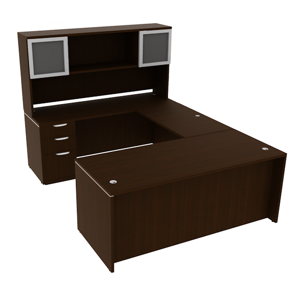 u desk with glass door hutch