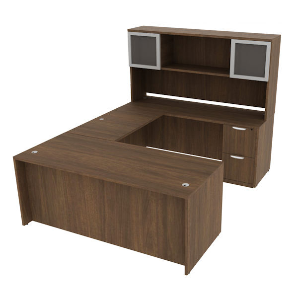 U-shaped desk with glass door storage