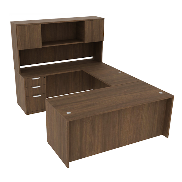 U desk with two door hutch