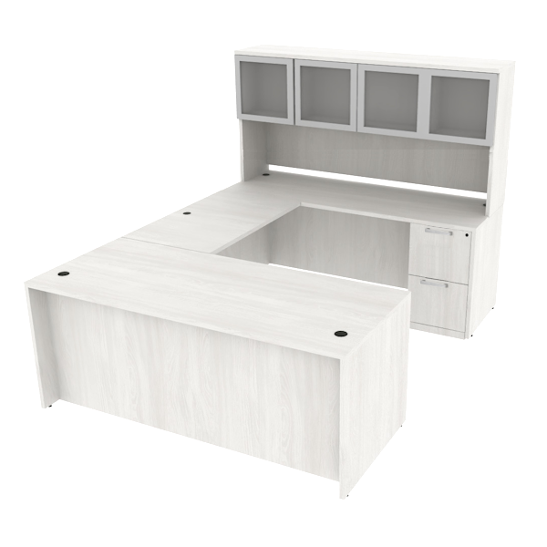 U desk and frosted glass door hutch