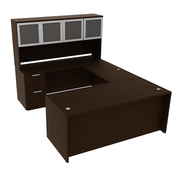U desk and frosted glass door hutch