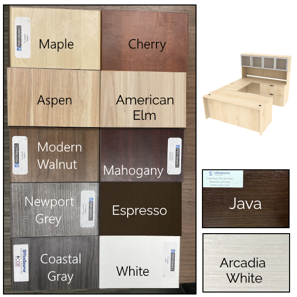 Finishes - U-Desk - BBF - LF - 4-glass door Hutch U-desk, lateral file storage with 4-door hutch