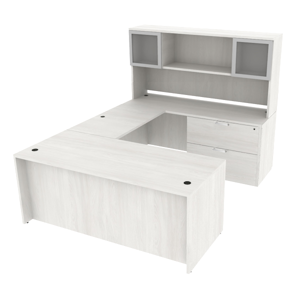 U-desk, lateral file storage with two door hutch