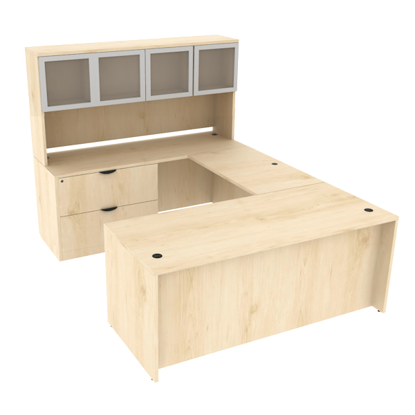 U-desk, lateral file storage with 4 glass door hutch