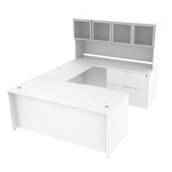 U-desk, lateral file storage with 4 glass door hutch