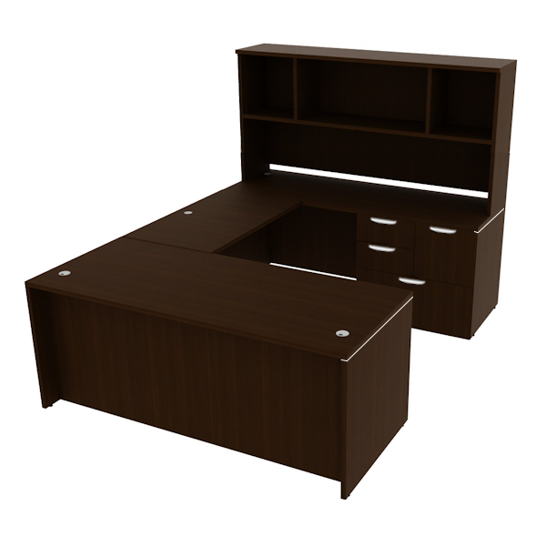 u desk with multi-drawer storage and open hutch