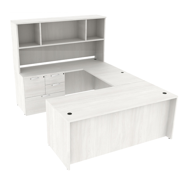 u desk with multi-drawer storage and open hutch