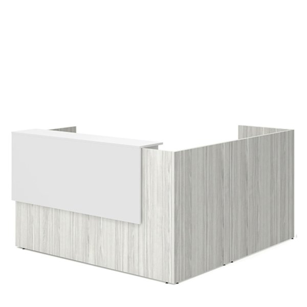 Reception L-Desk with White Stack Counter - Approach - Silver Burch - RH overlay reception l desk