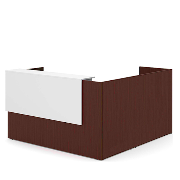 Reception L-Desk with White Stack Counter - Approach - mh - LH overlay reception l desk