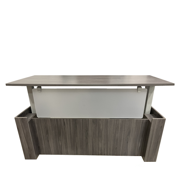 COE Casing Sit-Stand Desk - Acrylic Panel - Silver - Coastal Gray height adjustable casing desk with acrylic panel