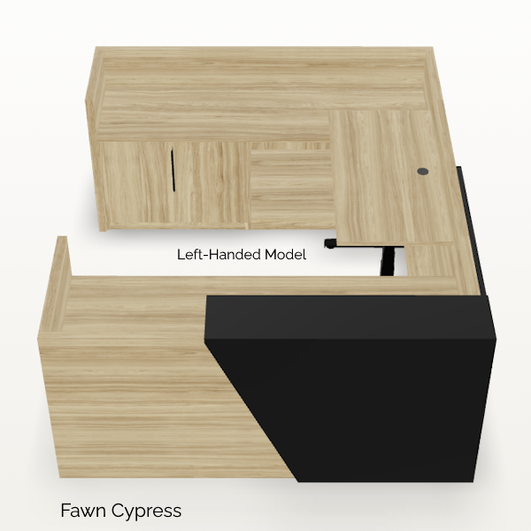 Overture_Reception U Desk - HAT Bridge - Fawn Cypress - Black Panel - T-0111 - 3d U-shaped reception desk with sit-stand bridge