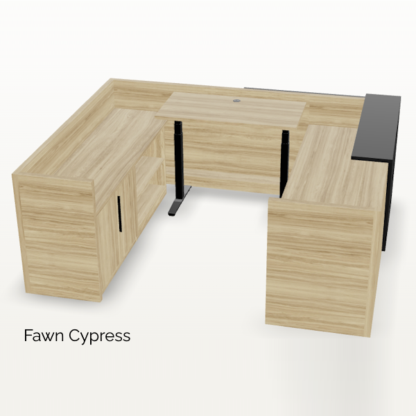 Overture_Reception U Desk - HAT Bridge - Fawn Cypress - Black Panel - T-0111 - 3dd U-shaped reception desk with sit-stand bridge