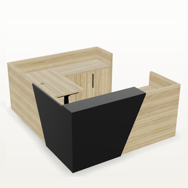 Overture_Reception U Desk - HAT Bridge - Fawn Cypress - Black Panel - T-0111R U-shaped reception desk with sit-stand bridge