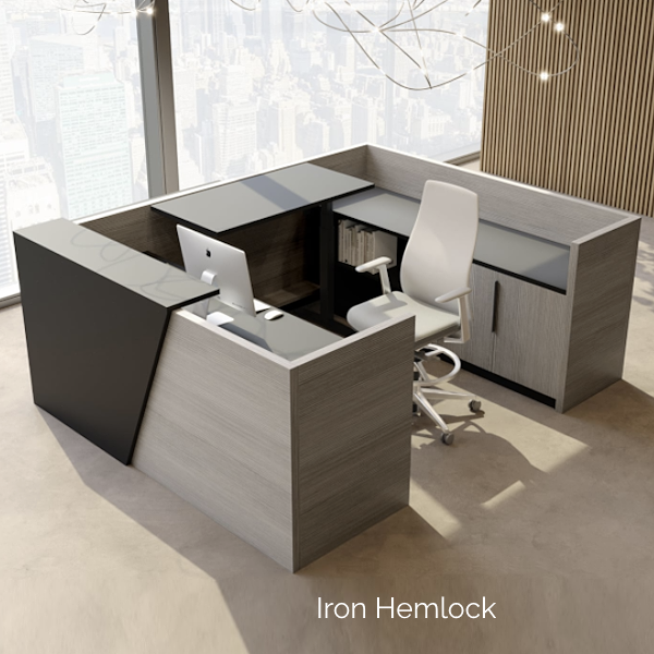 Overture_Reception U Desk -Sit Stand Desk - Iron - T-0113 accented angled panel reception desk