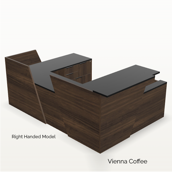 Overture_Reception U Desk -Sit Stand Desk - Vienna Coffee - Black - T-0113 accented angled panel reception desk