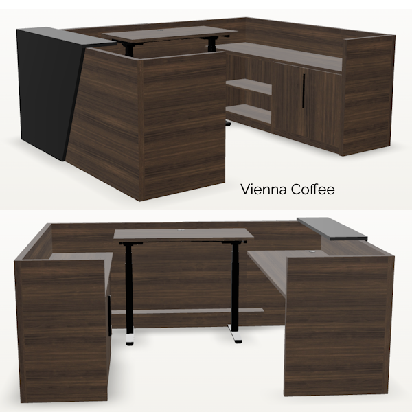 Overture_Reception U Desks - HAT Bridge - Vienna Coffee - Black Panel - T-0111 U-shaped reception desk with sit-stand bridge